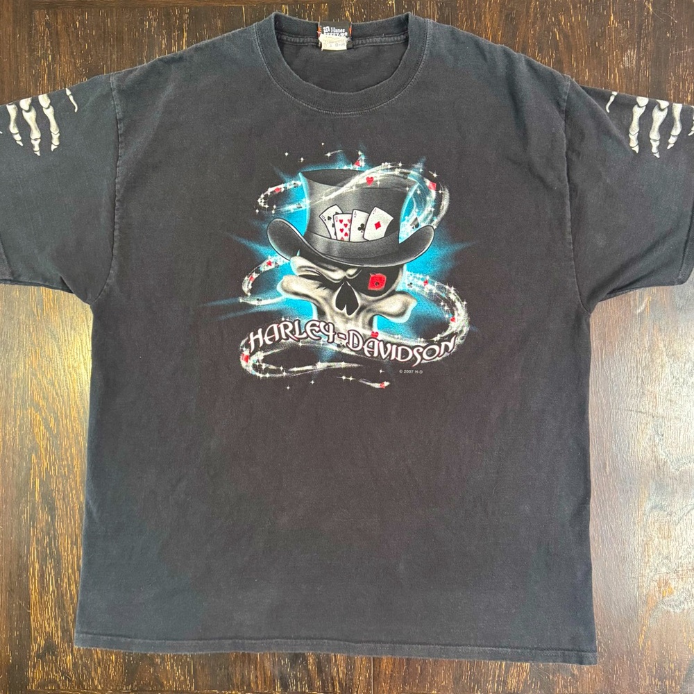Harley Davidson Las Vegas, NV Black Skull Skeleton Cards T shirt men’s XL